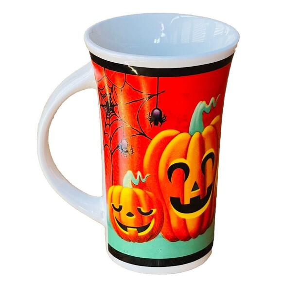 Halloween Mug Tall Coffee Tea Latte Ceramic Cup Pumpkins Witch Spiders - Picture 1 of 9